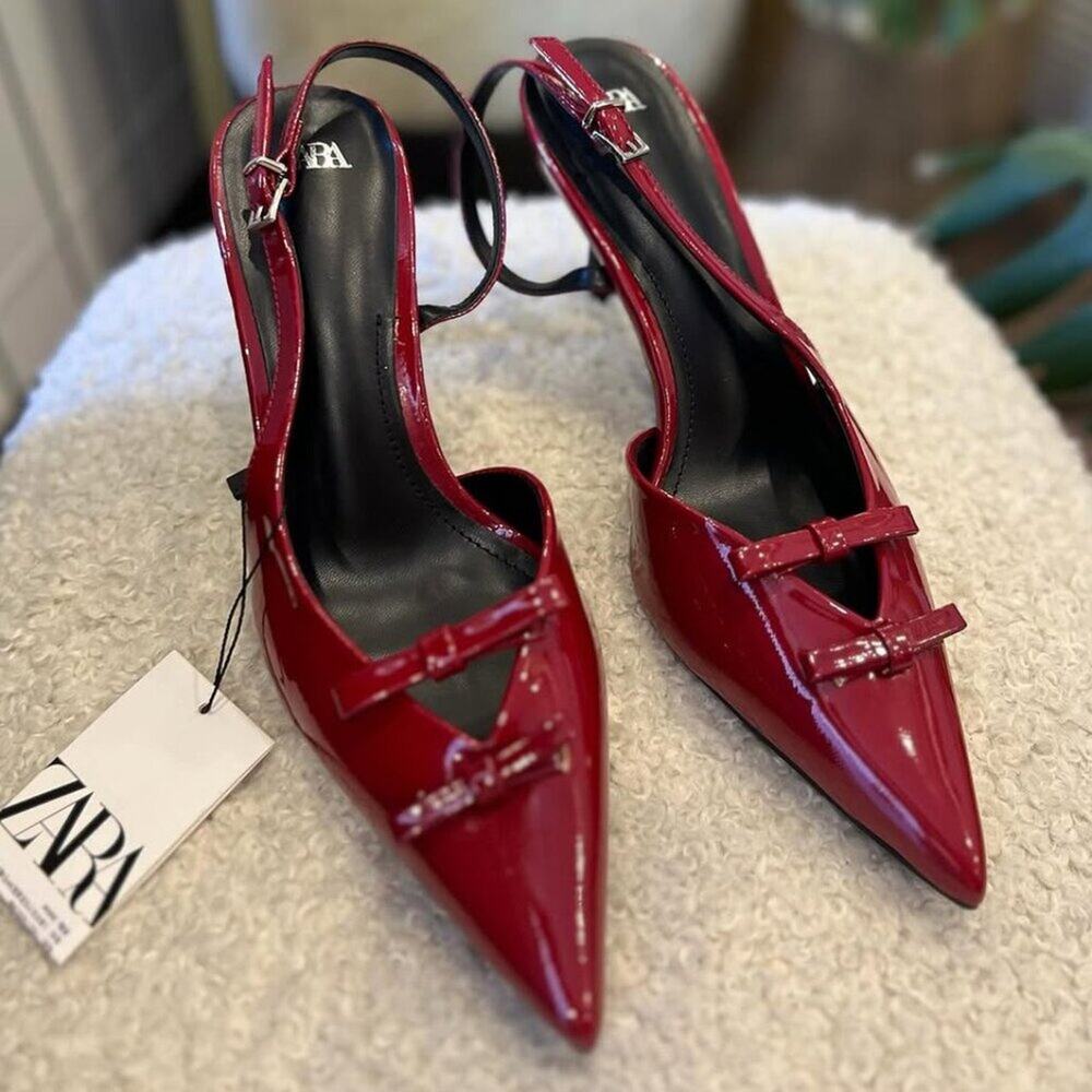 Zara Red Bow Slingback Heels Pointed Toe NWT - Picture 11 of 16